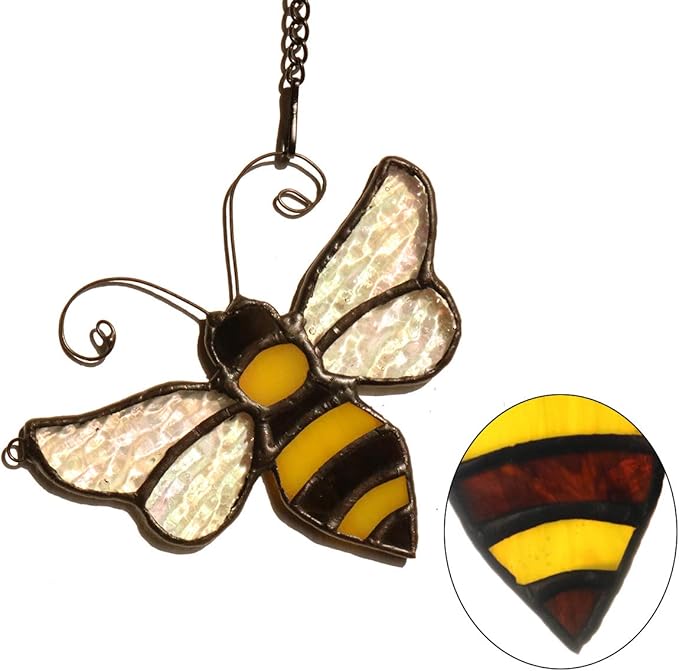 Bumble Bee Ornament Stained Glass Window Hanging Suncatcher Home Decor, Birthday Gifts for Mom Grandma Aunt Sister Bee Lover, Mother's Day Bee Decoration-VerdiqueGarden