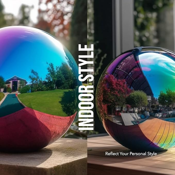 12 Inch Stainless Steel Gazing Globe,v2croft Hollow Ball Mirrored Surface Polished Shiny Sphere,Garden Stainless Steel Gazing Ball for Outdoor Lawn Pond Yard Ornament(rainbow)-VerdiqueGarden