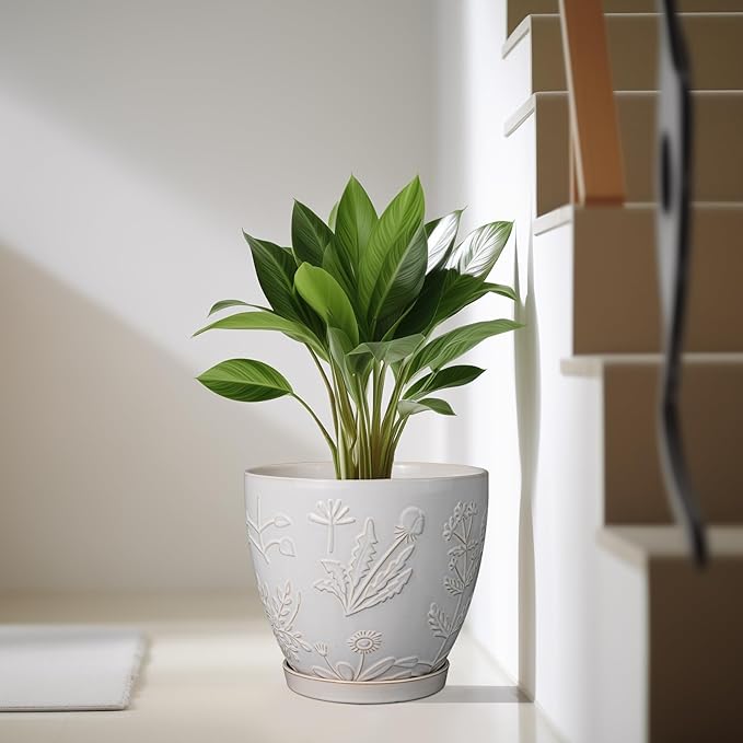 10 Inch Plant Pot Ceramic Planter Pot with Drainage Hole and Saucer Round Planter Large Flower Pot for Indoor Outdoor Plants Home Garden Decor White-VerdiqueGarden