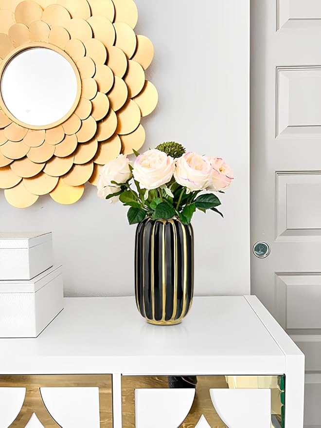 Briful Gold Plated Lantern Ceramic Vase Home Decor Creative Design Porcelain Decorative Flower Vase 8.66'' Black Ceramic Vases for Wedding Anniversary Decoration-VerdiqueGarden
