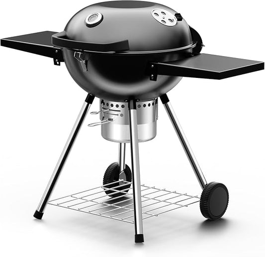 Premium 22 Inch Charcoal Grills with 2 Foldable Tables, BBQ Grill with Cover, Outdoor Barbecue Grill with Ash Catcher, Portable Charcoal Kettle Grills with Wheels for Camping Party Backyard-VerdiqueGarden