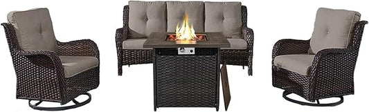 Outdoor Patio Furniture Set with 50000BTU Propane Fire Pit Table, 4 Pieces Wicker Patio Conversation Set with 2 Swivel Rocker Glider Chairs Rattan Sofa Grey Cushion Perfect for Gathering-VerdiqueGarden