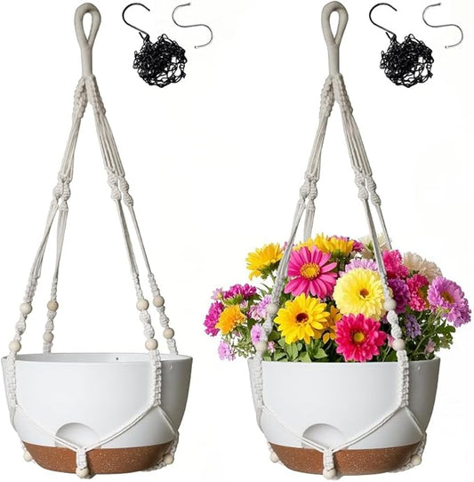 12 Inch Hanging Baskets for Plants Outdoor, Hanging Planters for Indoor Outdoor Plants, Hanging Planter with Self Watering, Hanging Flower Pots (White Planter with Macrame + Iron Hangers)-VerdiqueGarden