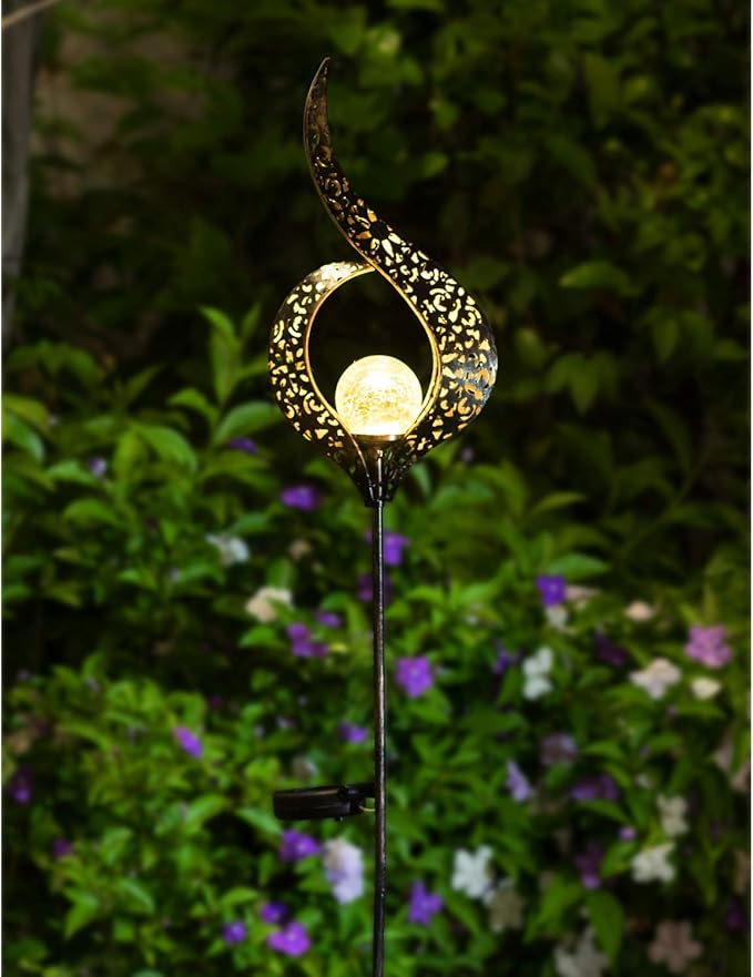 HOMEIMPRO Outdoor Garden Solar Lights Stake，Crackle Glass Globe,Metal Flower Waterproof LED Fairy Lights for Pathway,Lawn,Patio or Courtyard,Gardening Gift (Bronze)-VerdiqueGarden