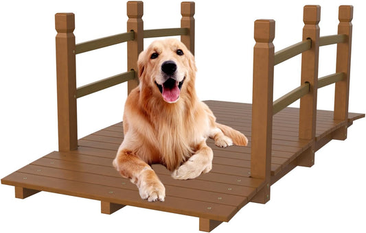 VINGLI Garden Bridge, Classic Wooden Arch with Safety Rails Footbridge (Brown, 5 ft)-VerdiqueGarden