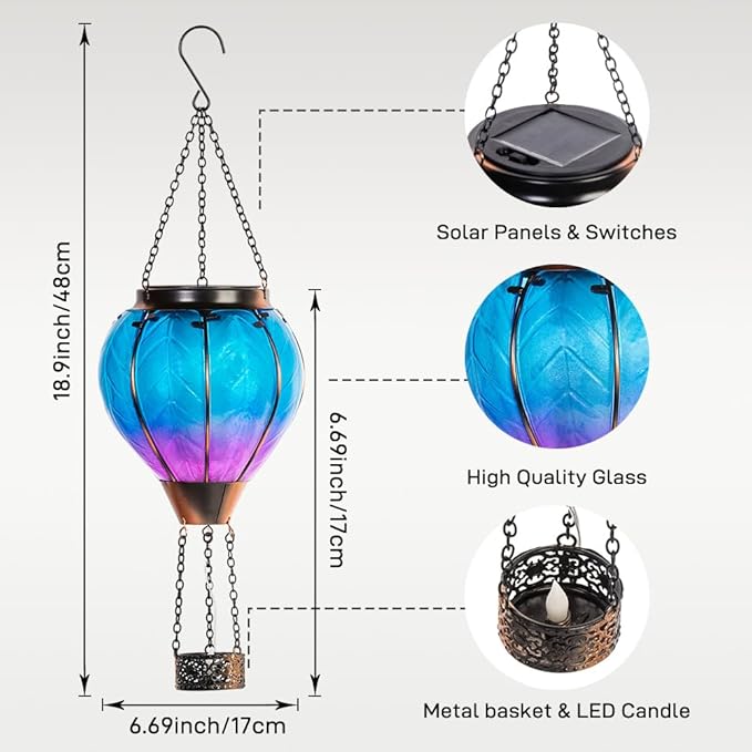 Starsoul Hot Air Balloon Solar Lantern with Candle Holder Glass Solar Hot Air Balloon Lantern with Flame Solar Hanging Hot Air Balloons Decorative for Lawn Porch Tree Yard-VerdiqueGarden