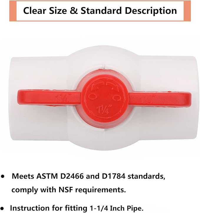 2Pcs 1-1/4" PVC Ball Valve Water Pipe Shut-off Valve Socket with Red T-Handle for Cold Water Supply lines, Irrigation Pipe fitting System(Socket x Socket), Schedule 40-VerdiqueGarden