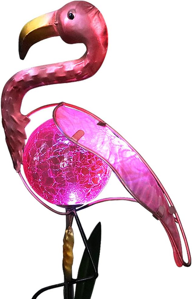 Bright Zeal 14" Big Metal Outdoor Solar Lights Waterproof Flamingo Garden LED Stake Light - Solar Pink Flamingos Yard Ornaments - Stake Lights Yard Decor Metal Yard Art-VerdiqueGarden