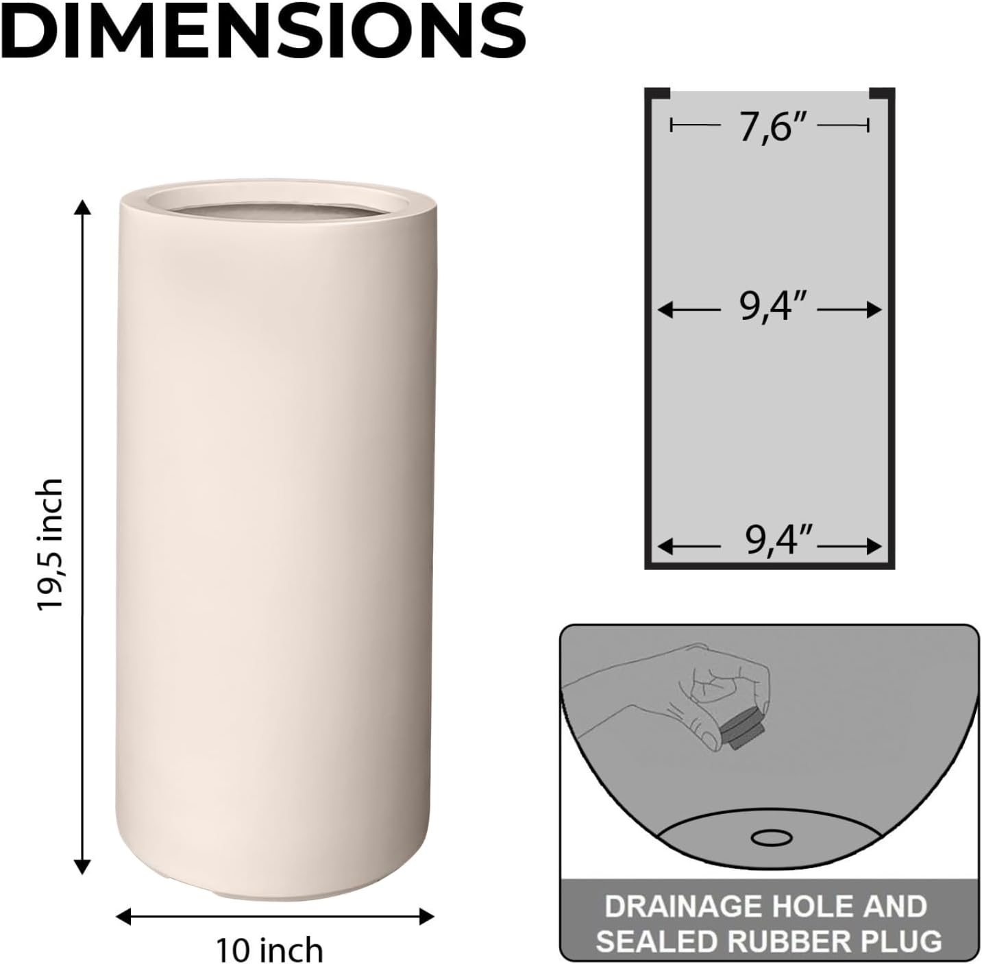 19.5" H x 9.8" D Tubo Fiberstone Cylinder Tall Planter with Drainage Hole, Smooth Finishes, for Indoor and Outdoor Use, Included 2 Extra Coco Mats (Kilim Beige, 8.2" Pot Opening)-VerdiqueGarden