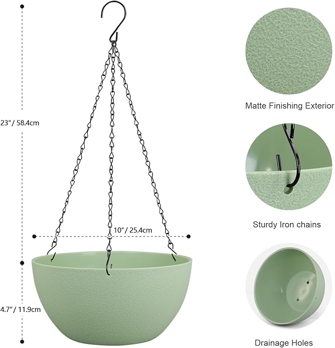 10 inch Hanging Planters Plant Pots for Indoor Outdoor Plants, 2 Pack Hanging Flower Pots with Drainage Holes and Chain for Garden Porch, Plastic Hanging Baskets for House Plants, Green-VerdiqueGarden