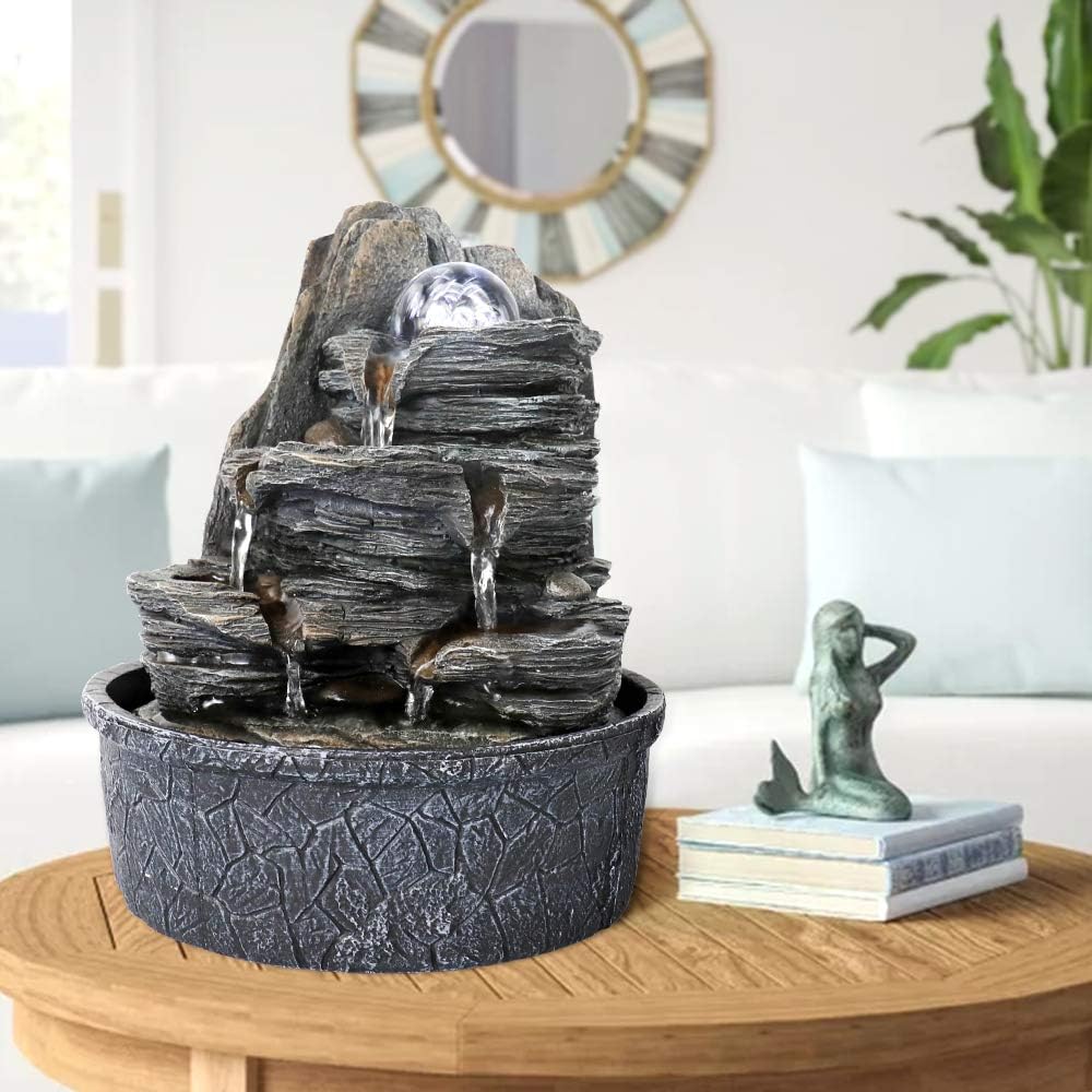 Rockery Indoor Water Fountain, Zen Meditation Tabletop Fountain with LED Lights & Crystal Ball for Home Office Bedroom 9 4/5"-VerdiqueGarden