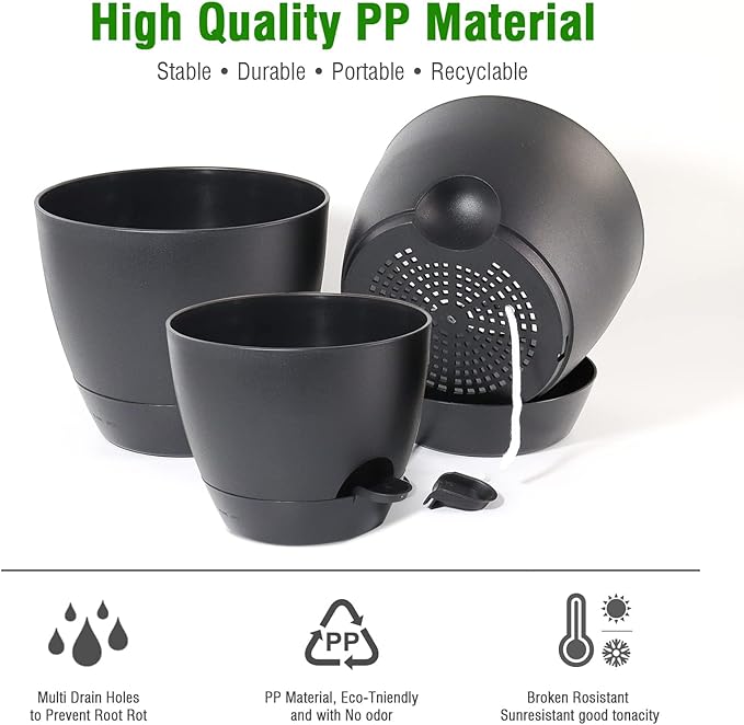10/9/8 inch Self Watering Pots, Set of 3 Plastic Planters with Mesh Drainage Holes and Deep Reservoir for Indoor Outdoor Garden Plants and Flowers, Black-VerdiqueGarden