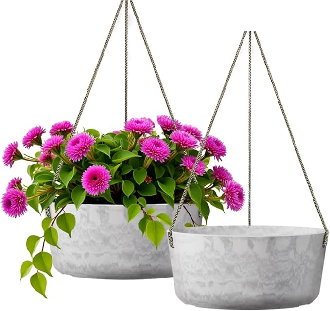 10.7 Inch Hanging Planter for Outdoor Indoor Plants，2 Pack Hanging Flower Pots with Drain Holes for Garden Home Decor Use (Marble)-VerdiqueGarden