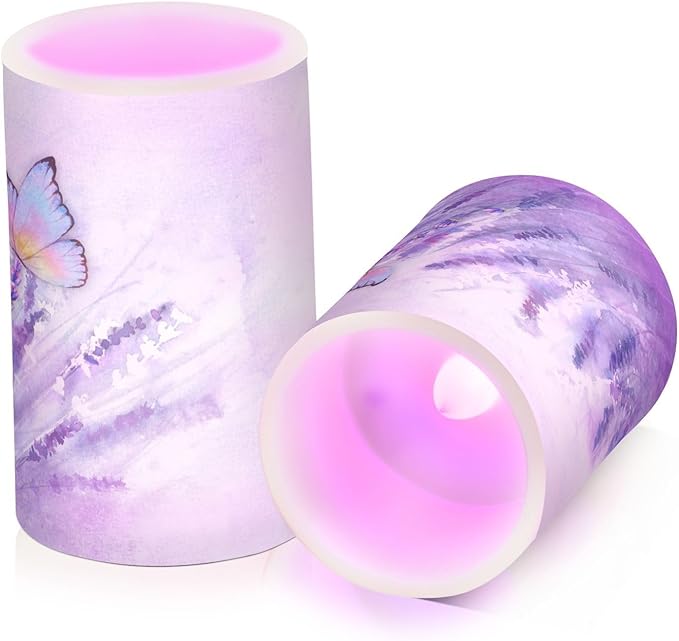 Flickering Flameless Candles, Lavender Butterfly Purple LED Candles with Remote Timer, Set of 2 Battery Operated Candle for Valentine Wedding Birthday-VerdiqueGarden