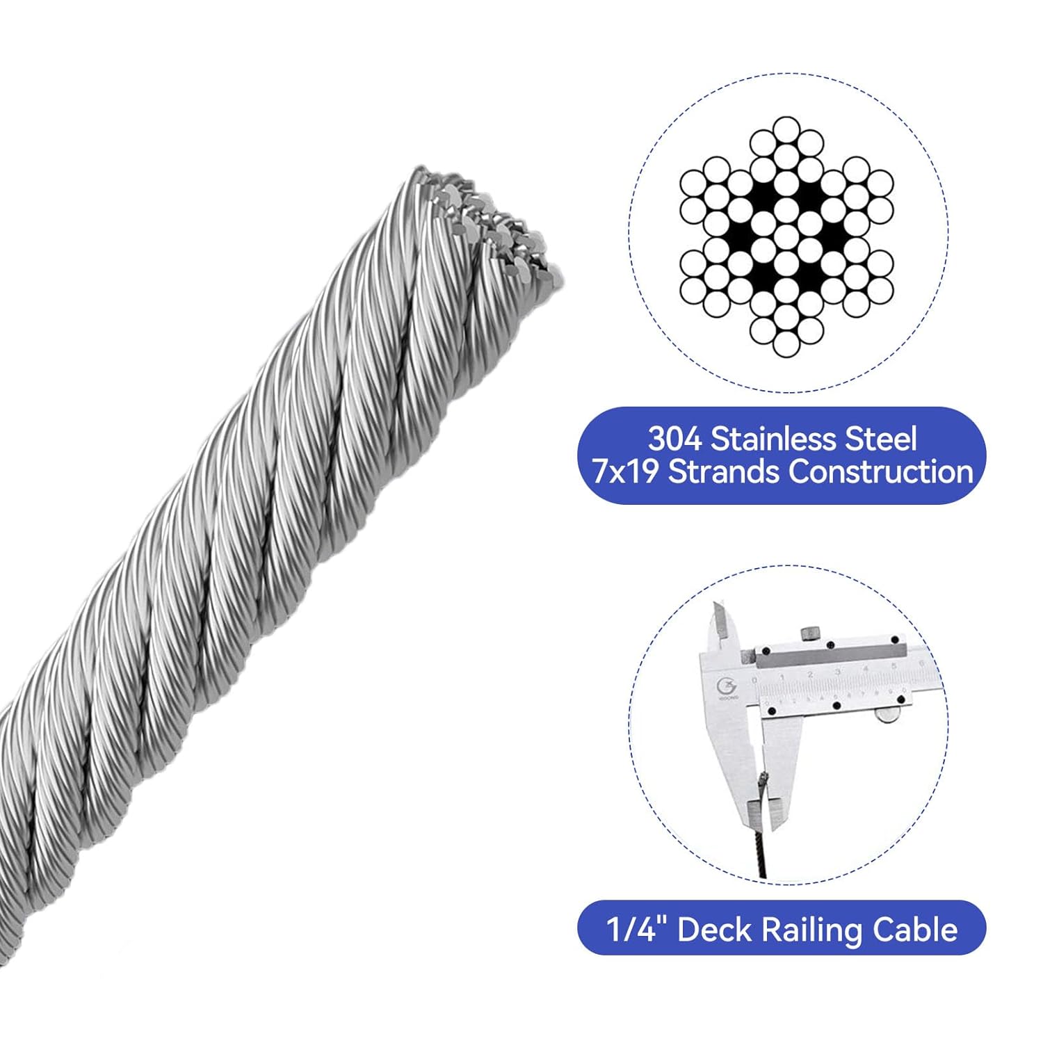 1/4" Stainless Steel Cable,7x19 Strand Aircraft Wire Rope,Cable for Heavy Duty Applications,Zip Iine and Outdoor Pulley Cables,Deck Railing, with Gloves,Breaking Strength 6400 Ibs,150FT-VerdiqueGarden