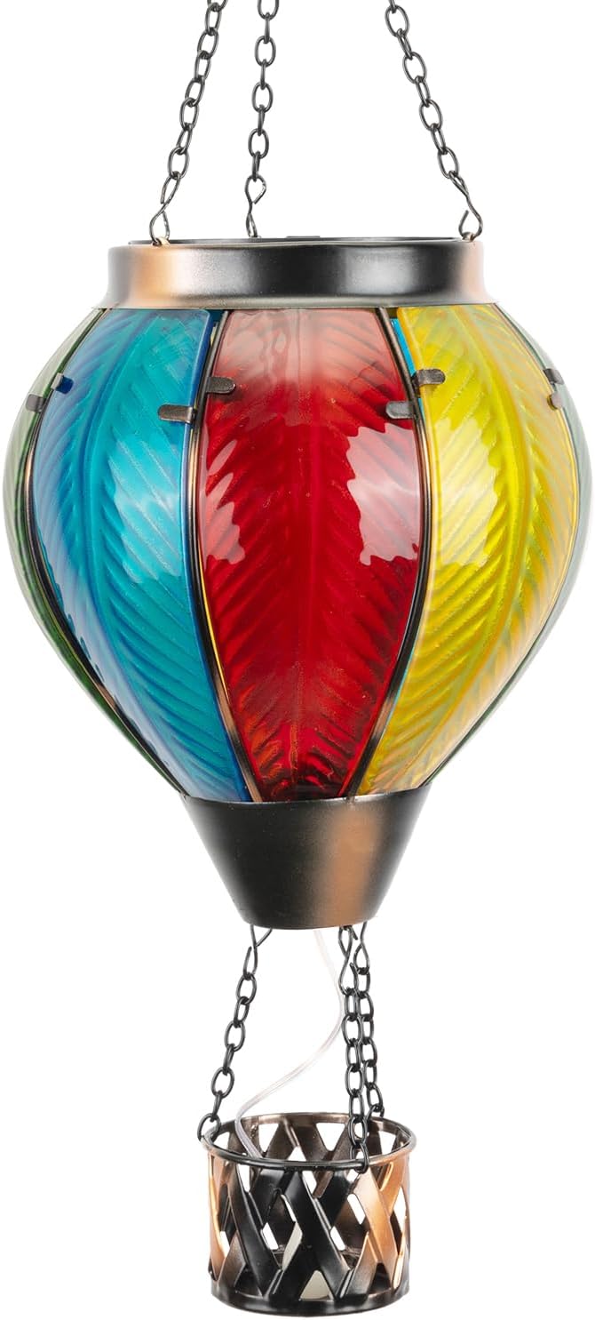 Hot Air Balloon Solar Lantern with Flickering Flame, Hanging Solar Lantern Metal Outdoor Waterproof Lights for Garden Yard Porch Patio Decorations Christmas Gifts (Multi-Colored Glass)-VerdiqueGarden
