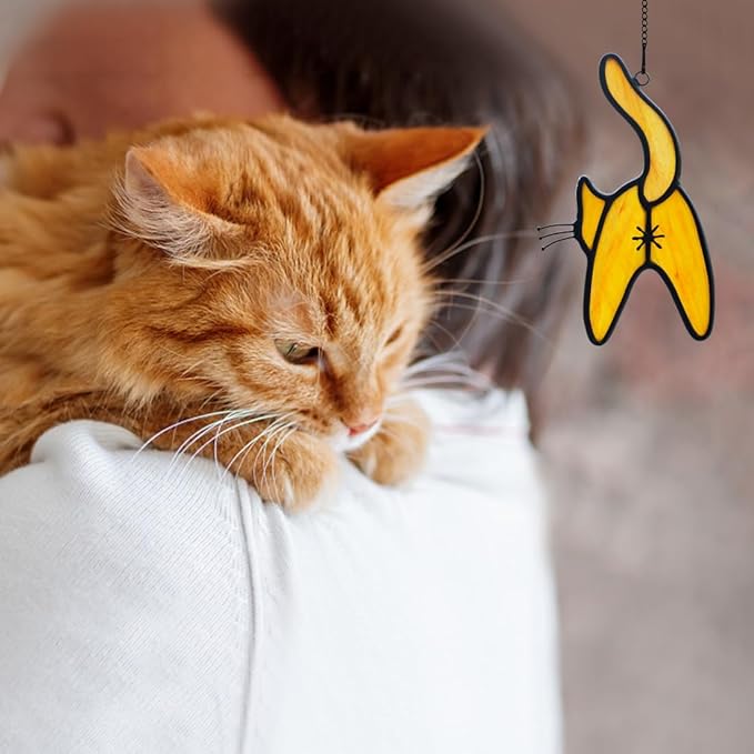 Orange Cat Stained Glass Suncatcher for Window,Funny Cute Cat Decor Stained Glass Window Hanging,Cat Gifts for Cat Lovers,Cat Themed Gifts for Women Friends Girl Kids-VerdiqueGarden