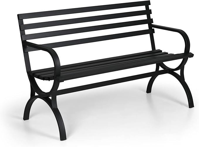 PHI VILLA Outdoor Garden Bench, 48” Long Metal Steel Bench with Backrest and Armrests, Modern Slatted Design for Patio, Lawn, Yard, Porch - Black-VerdiqueGarden