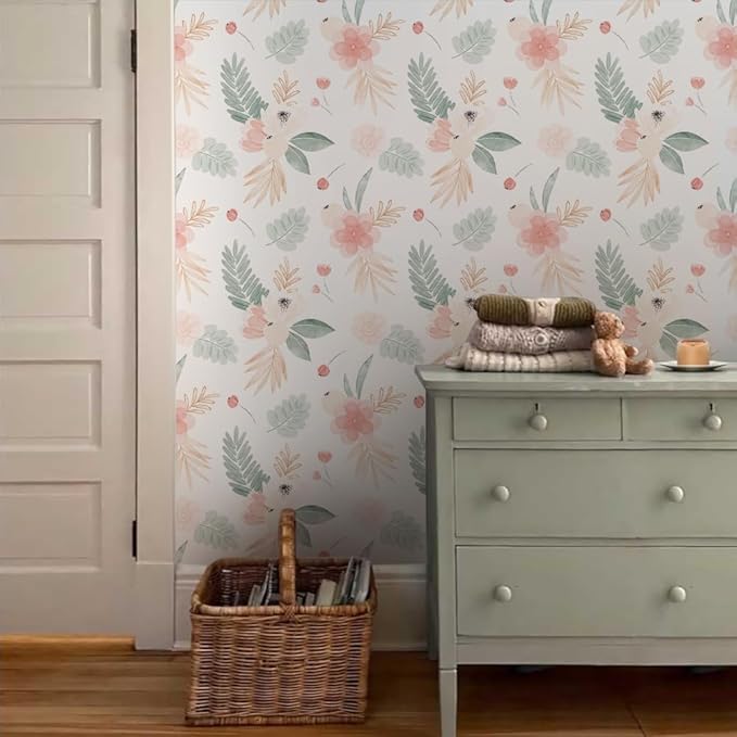 Neutral Green Leaves Pink Poppy Floral Peel and Stick Wallpaper Self Adhesive Removable Easy Peel Off Stick on Wall Paper for Bedroom Cabinet Renter-VerdiqueGarden