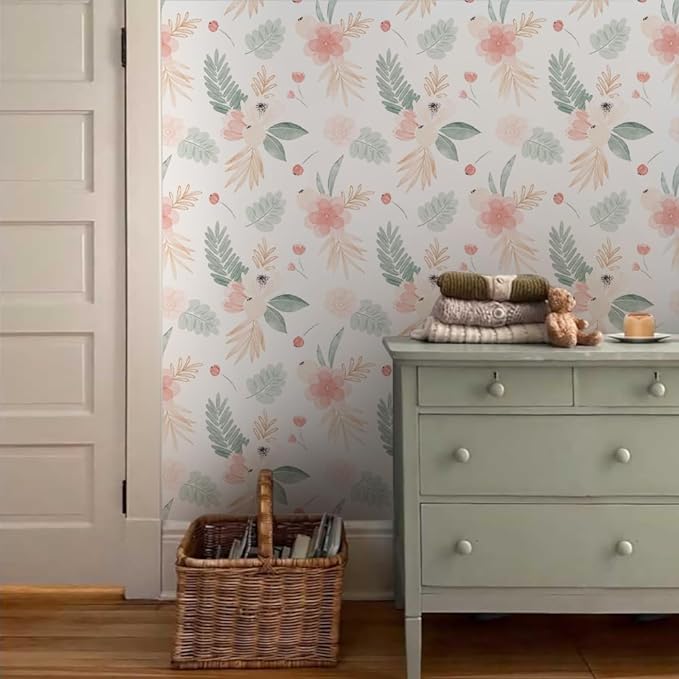 Neutral Green Leaves Pink Poppy Floral Peel and Stick Wallpaper Self Adhesive Removable Easy Peel Off Stick on Wall Paper for Bedroom Cabinet Renter-VerdiqueGarden