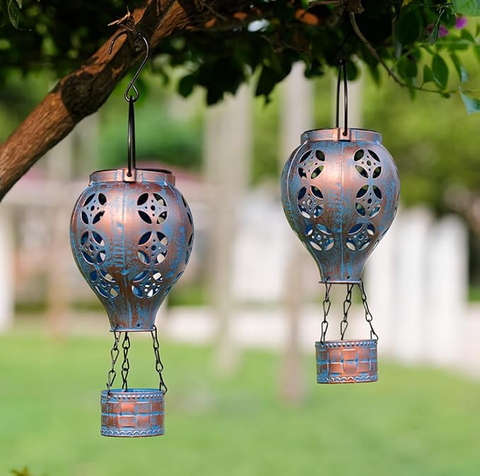 Hot Air Balloon Solar Lantern for Garden Decor,2 Pack Matal Hanging Lantern,Outdoor Metal LED Solar Lights for Yard Patriotic Trees Decor-VerdiqueGarden