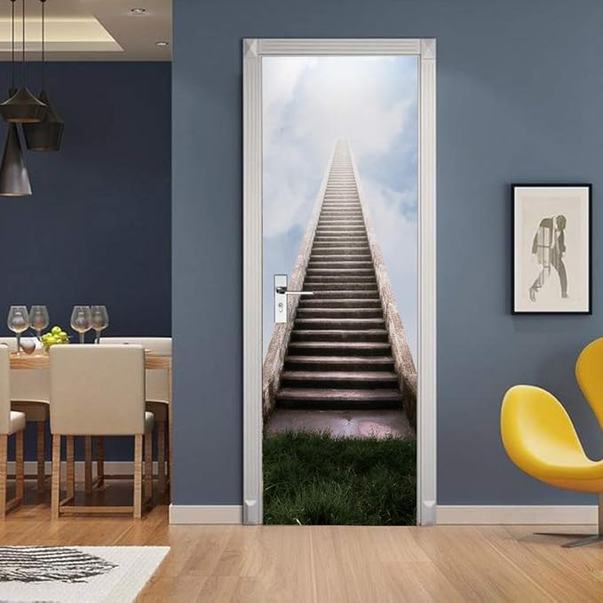 3D Staircase Door Stickers - Peel & Stick - Waterproof & Washable - Matt Finish - Modern Style - White - 37.4" x 78.7" (2 Parts)-VerdiqueGarden