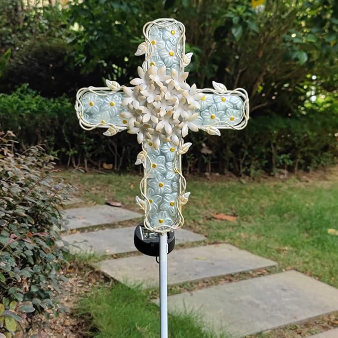 38Inch Solar Cross Garden Lights Outdoor Decorative - Solar Metal&Glass Cross White Hydrangea Flower Stake Lights- Waterproof 20 Warm White LED for Remembrance Gifts & Sympathy Gifts.-VerdiqueGarden