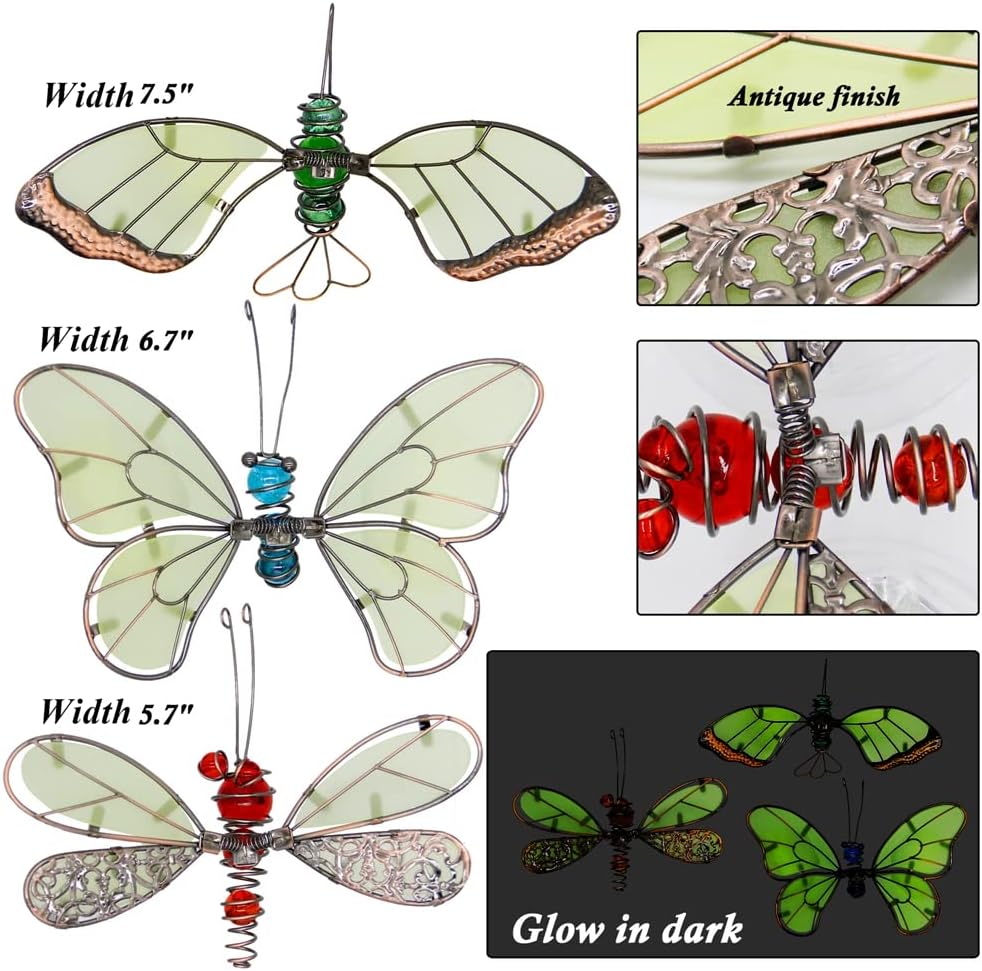 Juegoal 20 Inch Butterfly Garden Stakes Decor, Dragonfly Stakes, Hummingbird Glow in Dark Metal Yard Art for Mom, Mothers Day Ideal Gifts, Indoor Outdoor Lawn Pathway Patio Ornaments, Set of 3-VerdiqueGarden