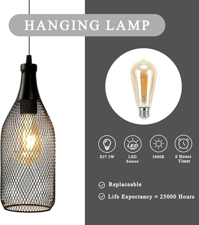JHY DESIGN Hanging Lamp Black Battery Powered Decorative Pendant Lamp Metal Cage Battery Lamp with 6 Hours Timer for Bar Bedroom Garden Parties Patio Indoor Outdoor Living Room(Wine Bottle Shaped)-VerdiqueGarden
