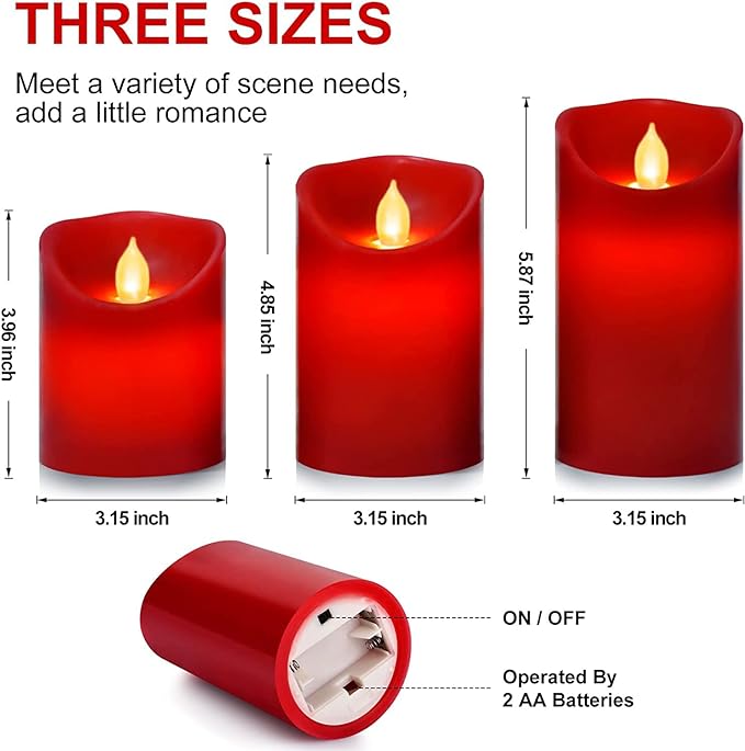 Flameless Battery Operated Flickering Candles:3PACK Red Real Wax Pillar Candle,Electric LED Candle with 10-Key Remote Control and 24 Hours Timer for Home Decoration Holiday Party-VerdiqueGarden