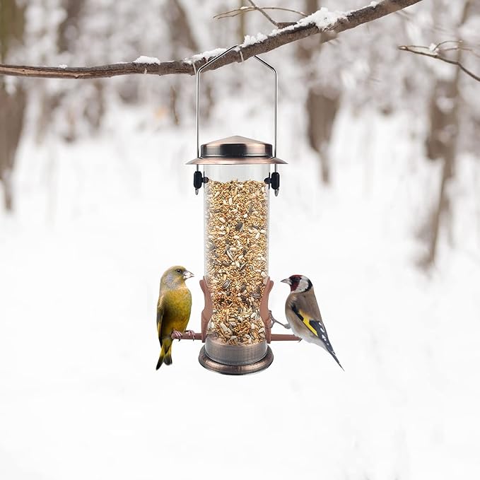 MIXXIDEA Wild Bird Feeders for Outdoors Hanging 2 Pack Stainless Steel Tube Bird Feeder, Water Resistant Finch Bird Feeder for Garden Backyard Decoration Attractive Metal Thistle Feeder (Copper)-VerdiqueGarden