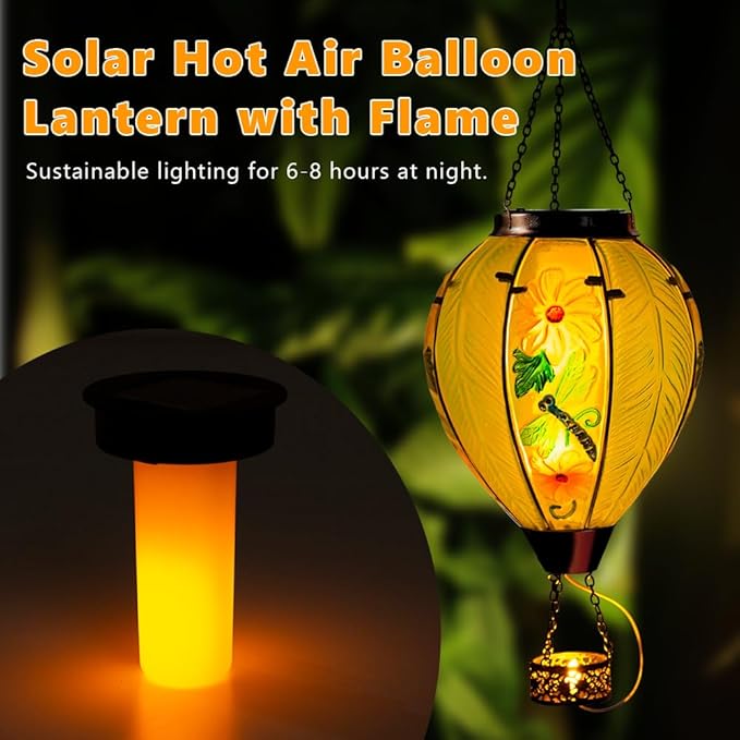 Starsoul Large Solar Hot Air Balloon Lantern with Flame Dragonfly Glass Hanging Outdoor Hot Air Balloon Solar Light Waterproof Garden Patio Yard Party Decorations-VerdiqueGarden