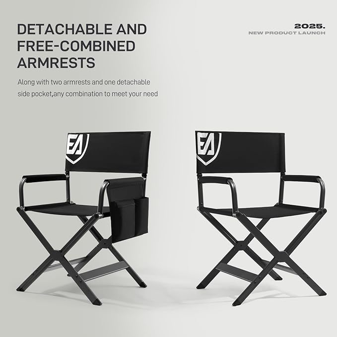 EVER ADVANCED Aluminum Lightweight Directors Chair Foldable, Folding Studio Movie Chairs Camping Event Vendor Chair, 19" Seat Height Black Fabric/Grey Frame, Support 350lbs-VerdiqueGarden