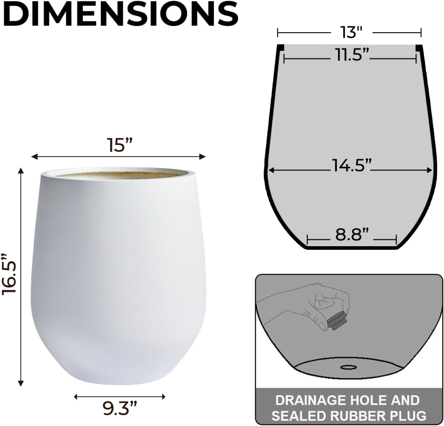 16.5" H x 15" D Corso Fiberstone Round Tapered Planter with Drainage Hole, Smooth Finishes, Weather Resistant for Indoor & Outdoor Use, Included 2 Extra Coco Mats (White, 11.5" Pot Opening)-VerdiqueGarden