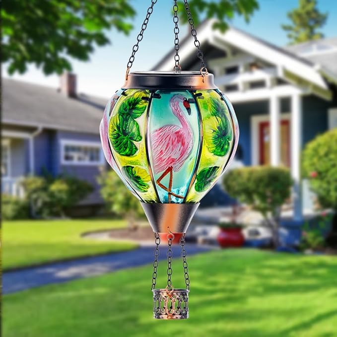 Starsoul 2 PC Flamingo Hot Air Balloon Solar Lantern with Flame Glass Outdoor Hanging Hot Air Balloon Solar Light Waterproof Garden Patio Yard Party Decorations-VerdiqueGarden