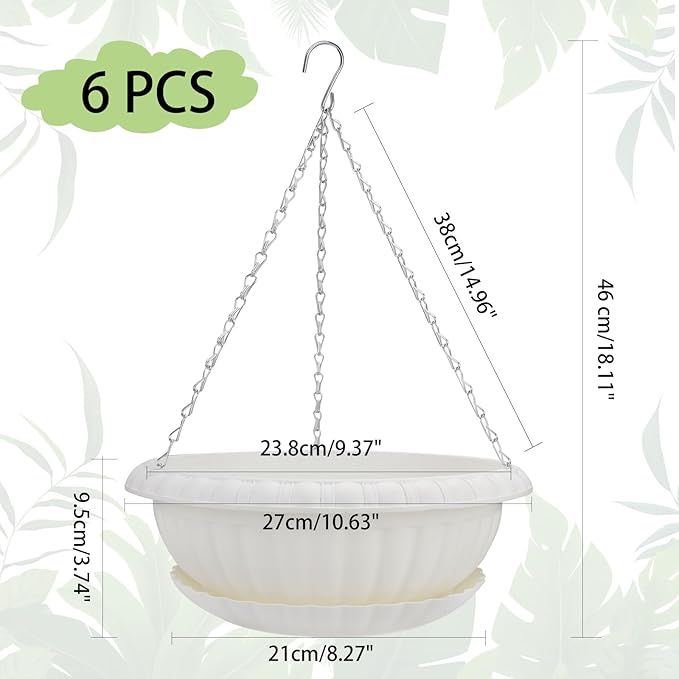 10.63in Hanging Planter Pots for Outdoor and Indoor Plants Flowers with Drainage Hole Tray Hooks Plastic Plant Baskets for Garden Home Porch (White, Pack of 6)-VerdiqueGarden