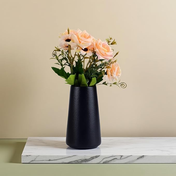 Simple Vase for Flowers Plants, Matte Vases for Modern Table Shelf Home Decor Wedding Boho Decor, 6" H Frosted Elegant Ceramic Vase for Pampas Grass Fluffy Stem Bouquet Lavender Flowers (Black, 1)-VerdiqueGarden