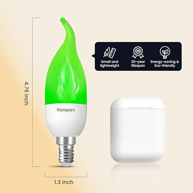 Hompavo 【Upgraded LED Flame Light Bulbs, 3 Modes Flickering Light Bulbs, E12 Chandelier Base Candle Fire Light Bulb for Halloween Christmas Party Porch Indoor & Outdoor Home Decoration, Green 6 Pack-VerdiqueGarden