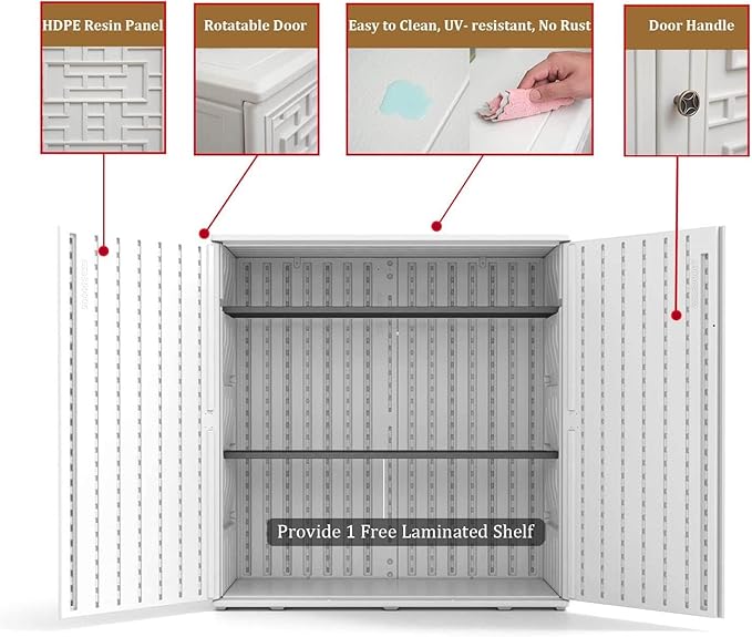 HOMSPARK Indoor/Outdoor Storage Cabinet with Doors and Shelf, 34”x16”x36” HDPE Plastic Storage Box for Patio, Bedroom, Bathroom, Living Room, Balcony, Multi-Purpose for Daily Tools, White-VerdiqueGarden