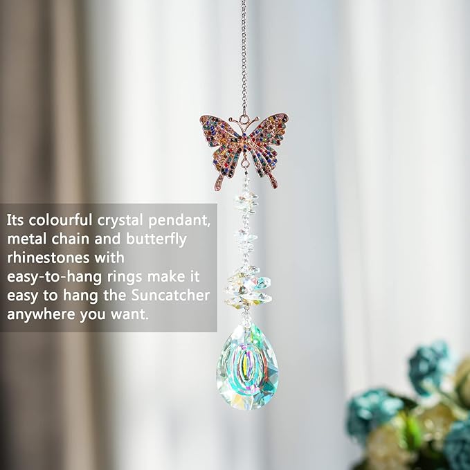 Suncatcher with Crystals,Colorful Crystal Butterfly Rhinestones Suncatcher Window Hanging,Crystal Prism Hanging Ornament,Rainbow Maker Decoration for Home, Garden, Wedding, Party & Christmas-VerdiqueGarden