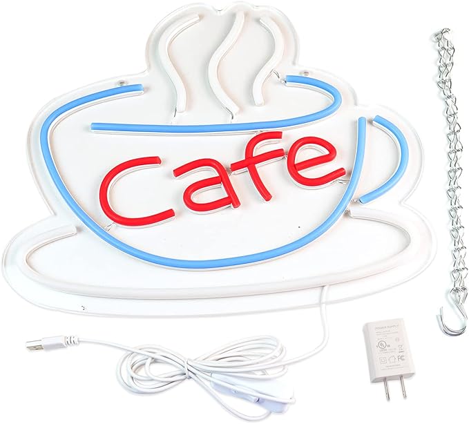 Cafe Neon Sign for Coffee Bar Pub Decor,Blue Wall Art Decoration For Restaurant Living room,Led Light of Cafe,USB Power Supply With Metal Chain.-VerdiqueGarden
