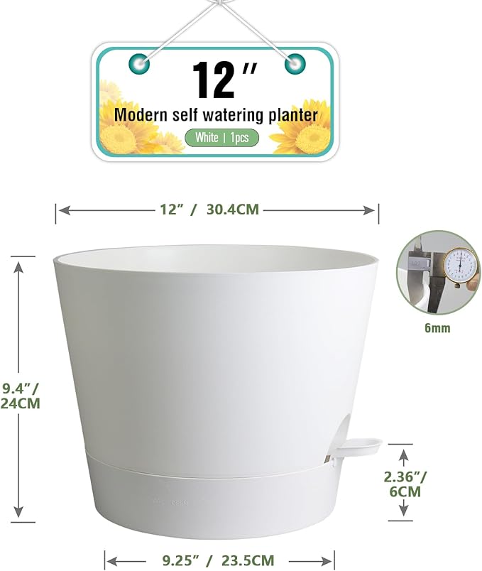 12 inch Large Self Watering Pots for Indoor Outdoor Plants, Flower Plant Pots with Mesh Drainage Holes for Garden House, Plastic Planters with Reservoir for Home, White-VerdiqueGarden