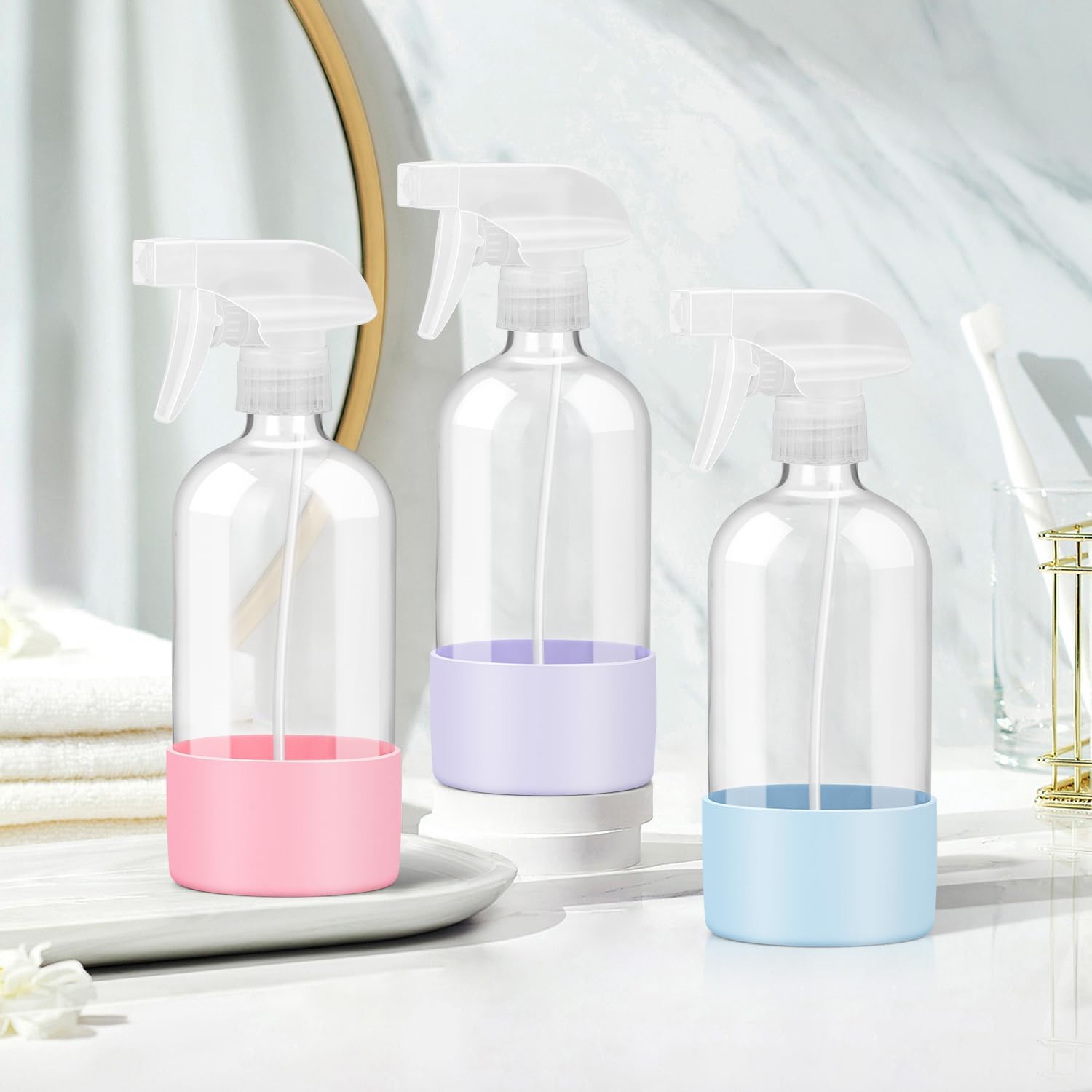 Glass Spray Bottles with Silicone Sleeve Protection, Empty 16 oz Refillable Containers, Reusable Spray Bottles with Adjustable Nozzle for Hair, Cleaning Solutions, 3 Pack Pink&Blue&Purple-VerdiqueGarden