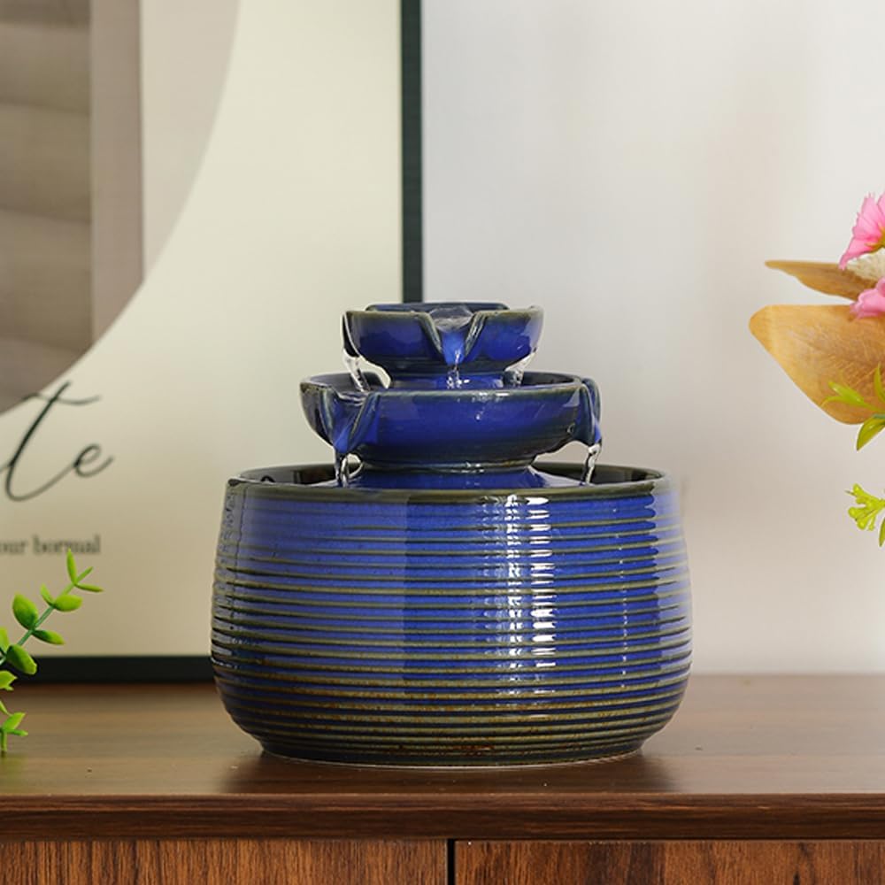 Outdoor and Indoor Water Feature Fountain Waterfall Tabletop Desktop mini Ceramic Garden Fountain (Blue A171)-VerdiqueGarden