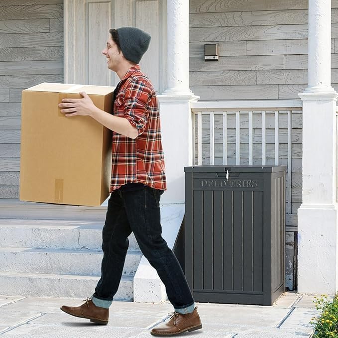 DRATO 48 Gallon Package Delivery Box, Large Lockable Storage Box, Double-Wall Resin Outdoor Package Delivery and Waterproof Deck Box for Porch, Patios-VerdiqueGarden