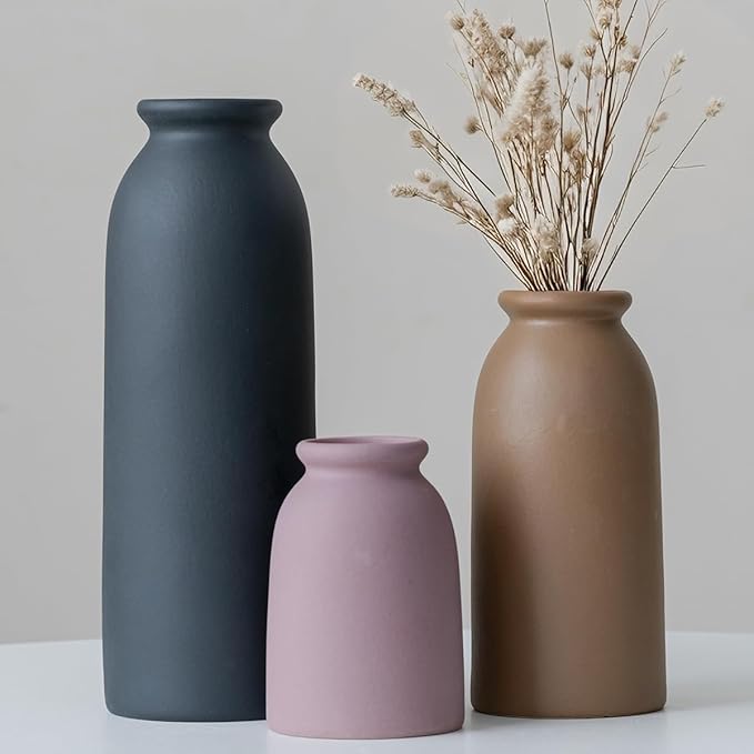 Ceramic Vase Set-3, Small Flower Vases for Decor, Modern Boho Farmhouse Style, Decorative Vases for Pampas Grass & Dried Flowers, Distressed Finish (Light Coffee)-VerdiqueGarden