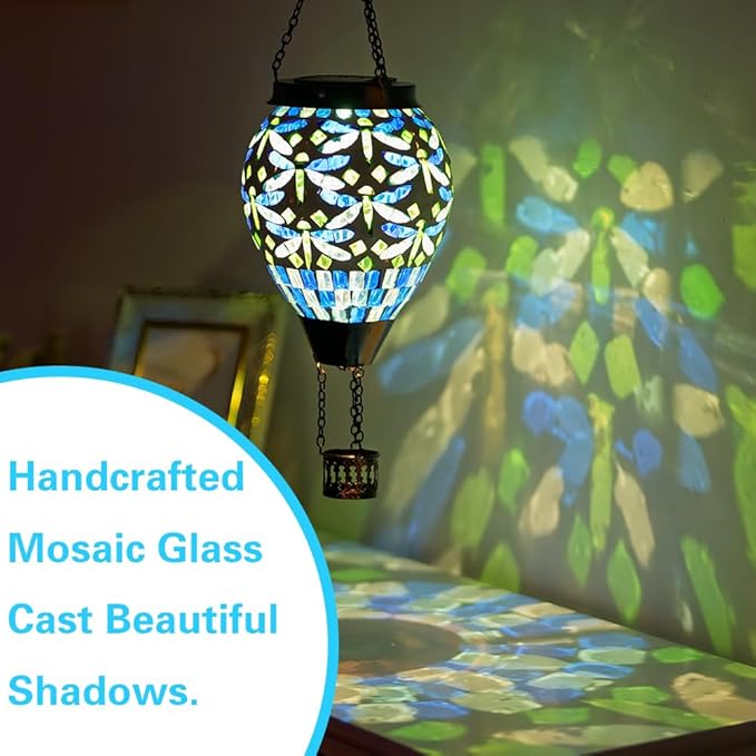 Starsoul Mosaic Dragonfly Hot Air Balloon Solar Lantern Glass Outdoor Hanging Hot Air Balloon Solar Flickering Flame Light Waterproof Garden Patio Yard Party Decorations-VerdiqueGarden