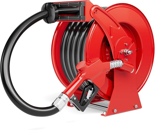 Fuel Hose Reel, 1" x 33' Retractable Diesel Fuel Heavy-duty Steel Construction with Refueling Nozzle, 300 PSI Diesel Reel Used for Aircraft Ship Vehicle Tanker Truck-VerdiqueGarden