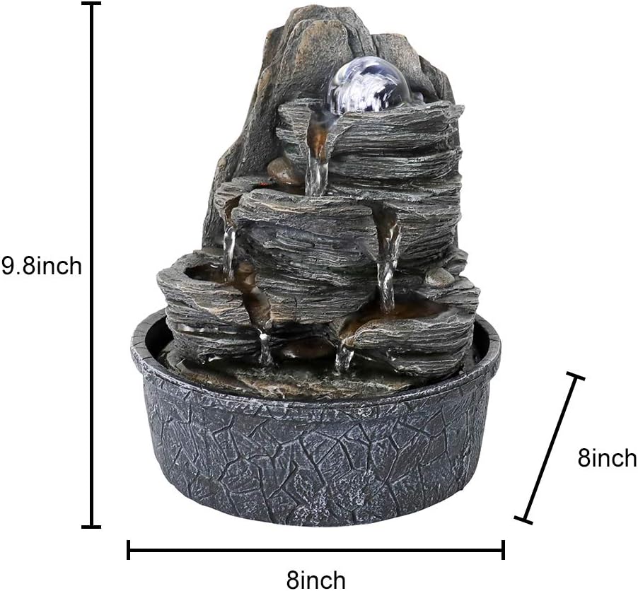 Rockery Indoor Water Fountain, Zen Meditation Tabletop Fountain with LED Lights & Crystal Ball for Home Office Bedroom 9 4/5"-VerdiqueGarden