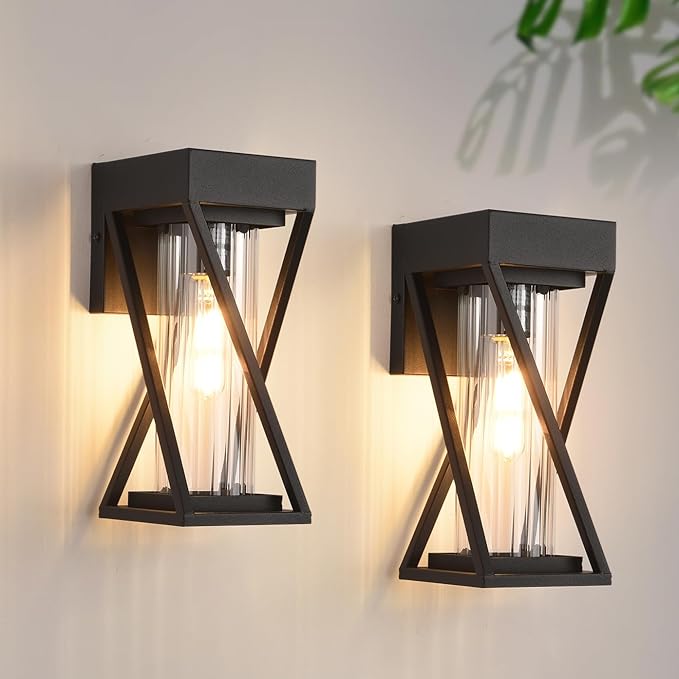 Outdoor Wall Lights Set of 2, Exterior Sconce Lighting Fixtures, Black Outdoor Porch Lights, Outdoor Wall Lantern with Clear Stripe Glass for Patio, Garage-VerdiqueGarden